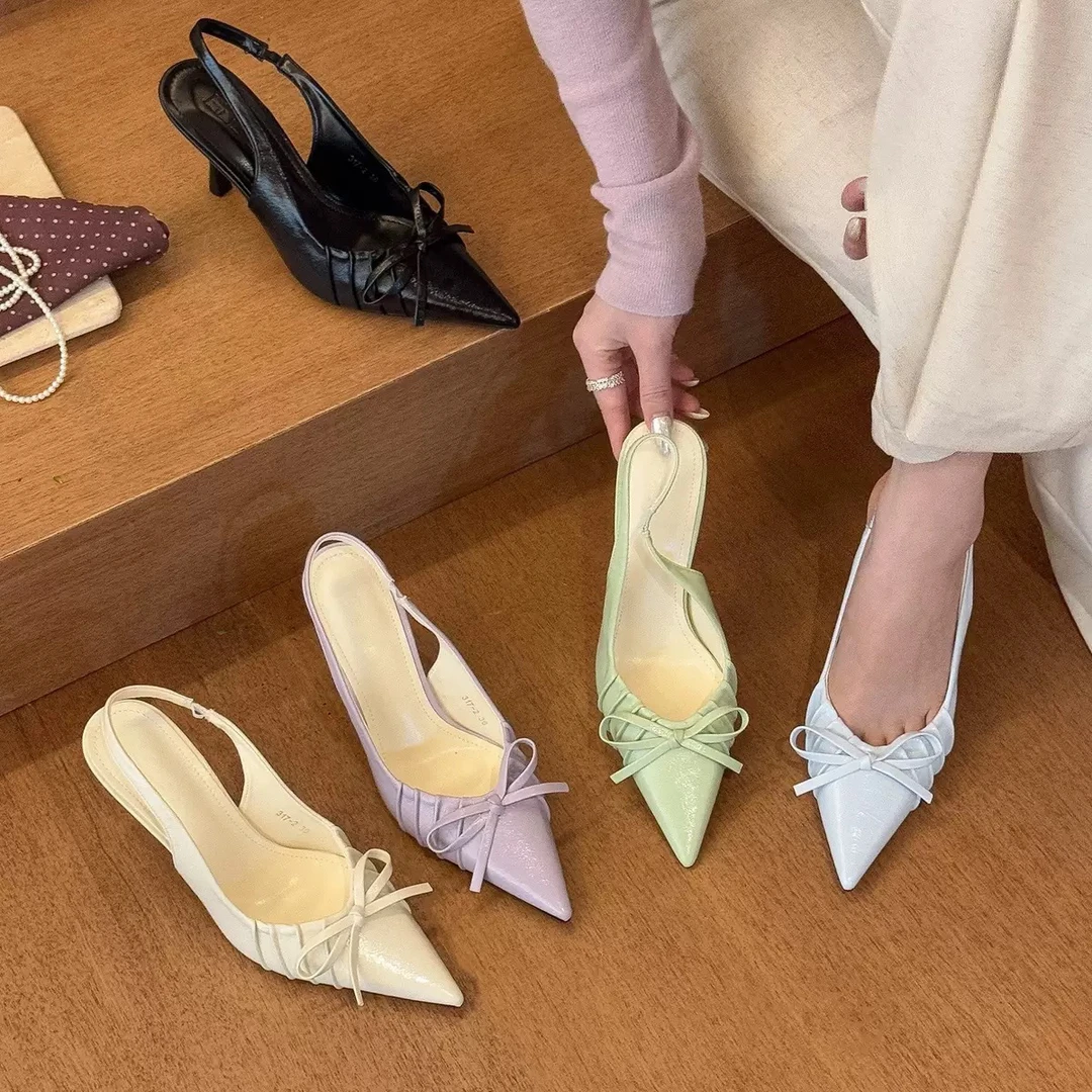 初恋蓝气质皱褶蝴蝶结包头后空凉鞋女春温柔风高跟凉鞋