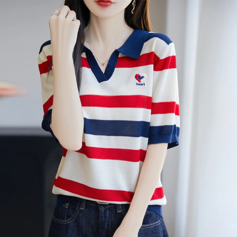 哥弟阿玛施正品撞色条纹POLO领针织短袖T恤轻薄气质宽松休闲上衣