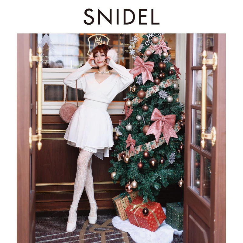 SNIDEL2025秋冬新品日系纯色甜美V领针织衫半身裙套装 SWNO255302