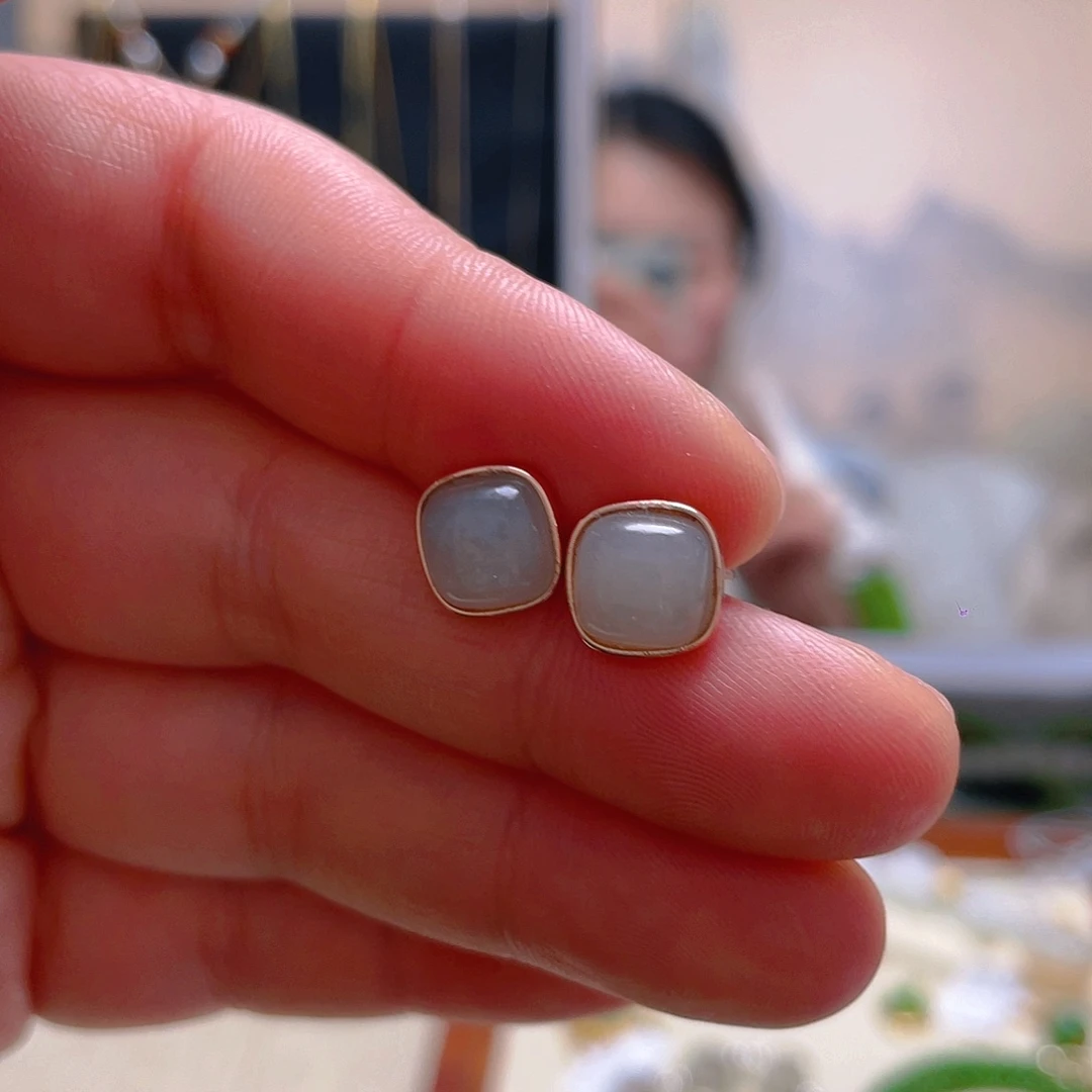 和田玉耳饰银S925镀金镶嵌