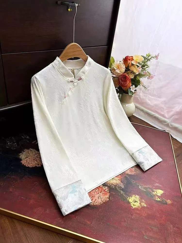 【暮光】新中式国风复古盘扣衬衫女2025秋季新款提花立领改良上衣