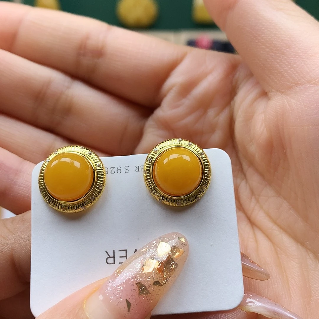 蜜蜡银S925镶嵌耳饰耳钉