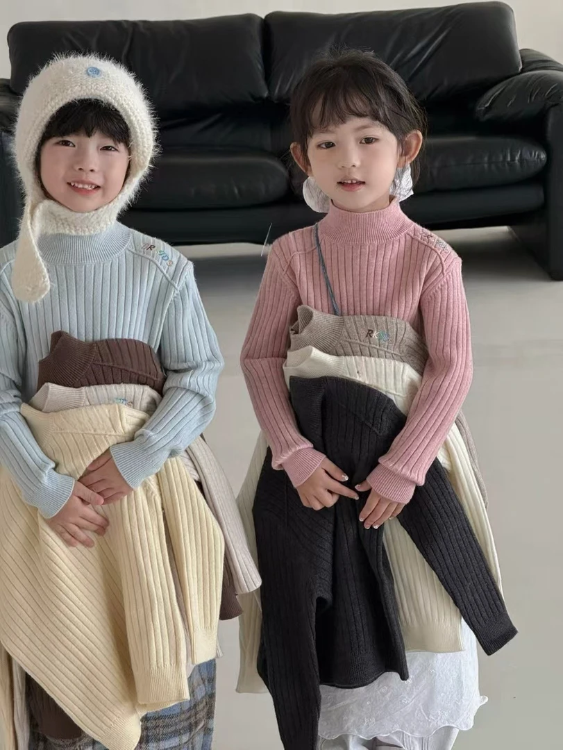 女童男童原单高端彩色字母刺绣2025秋冬季新款保暖韩系中领打底衫