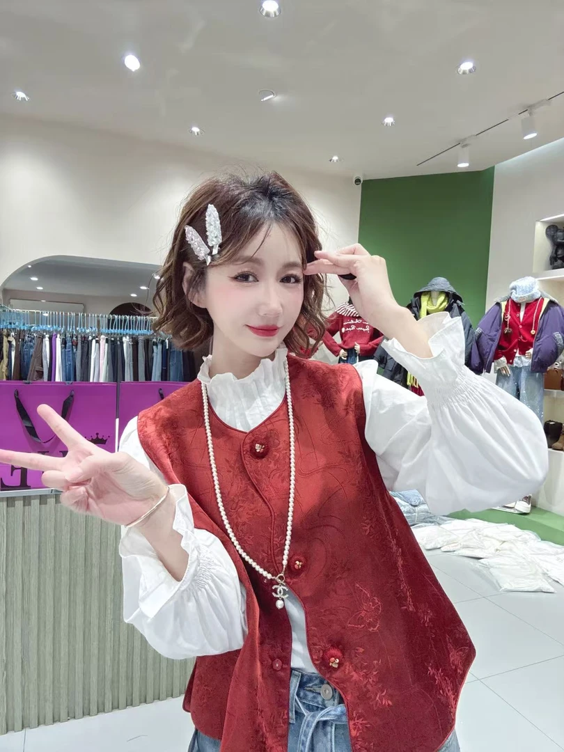 女皇【新年战袍新中式提花盘扣马甲红色纯色】马甲