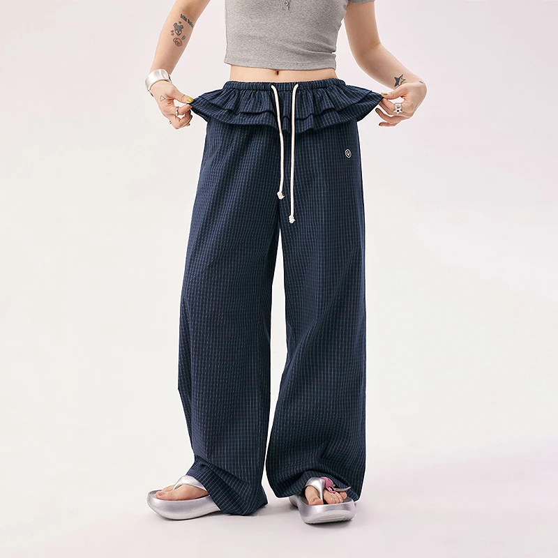 【17】CHUU抽绳格纹设计荷叶边百搭辣妹穿搭韩系显瘦休闲裤FHEF001W