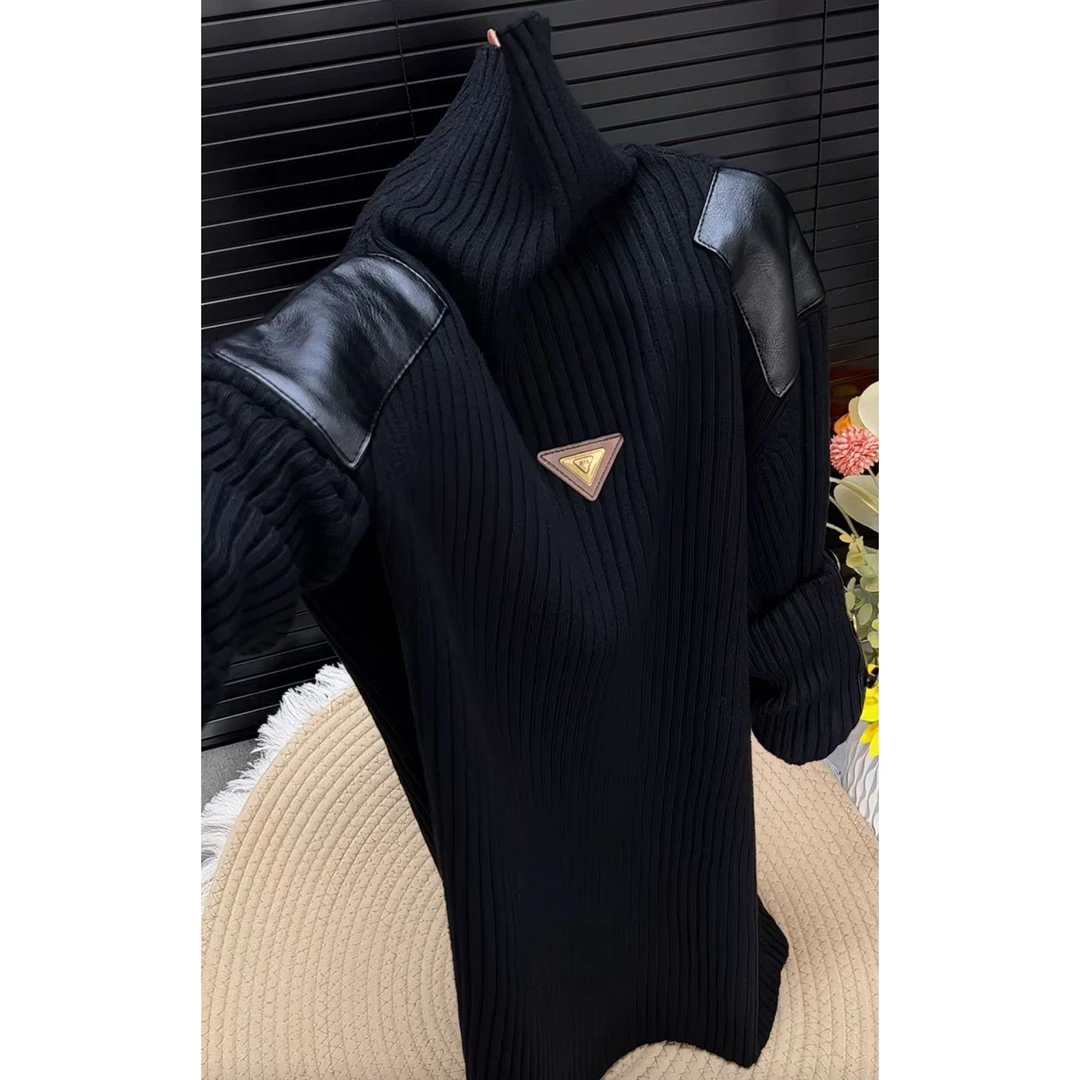 今年流行穿搭2025秋冬新款温柔风皮质拼接毛针织衫高领长袖上衣