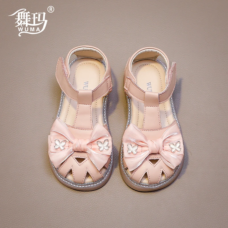 舞玛女童凉鞋儿童公主鞋子2025夏季新款包头网纱蝴蝶结童鞋528253