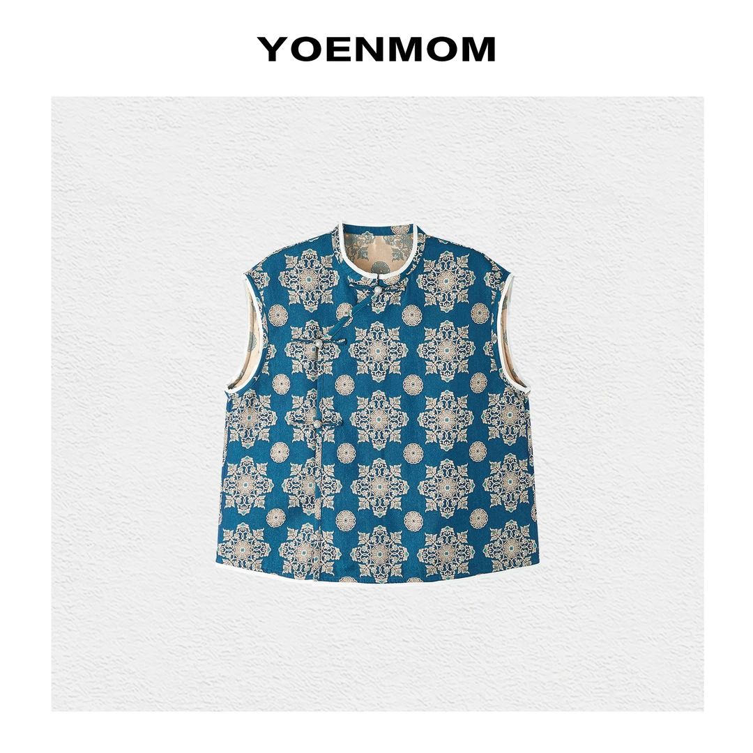 YOENMOM·卷草宝相·100桑蚕丝织金宋锦足银扣国风琵琶襟无袖上衣