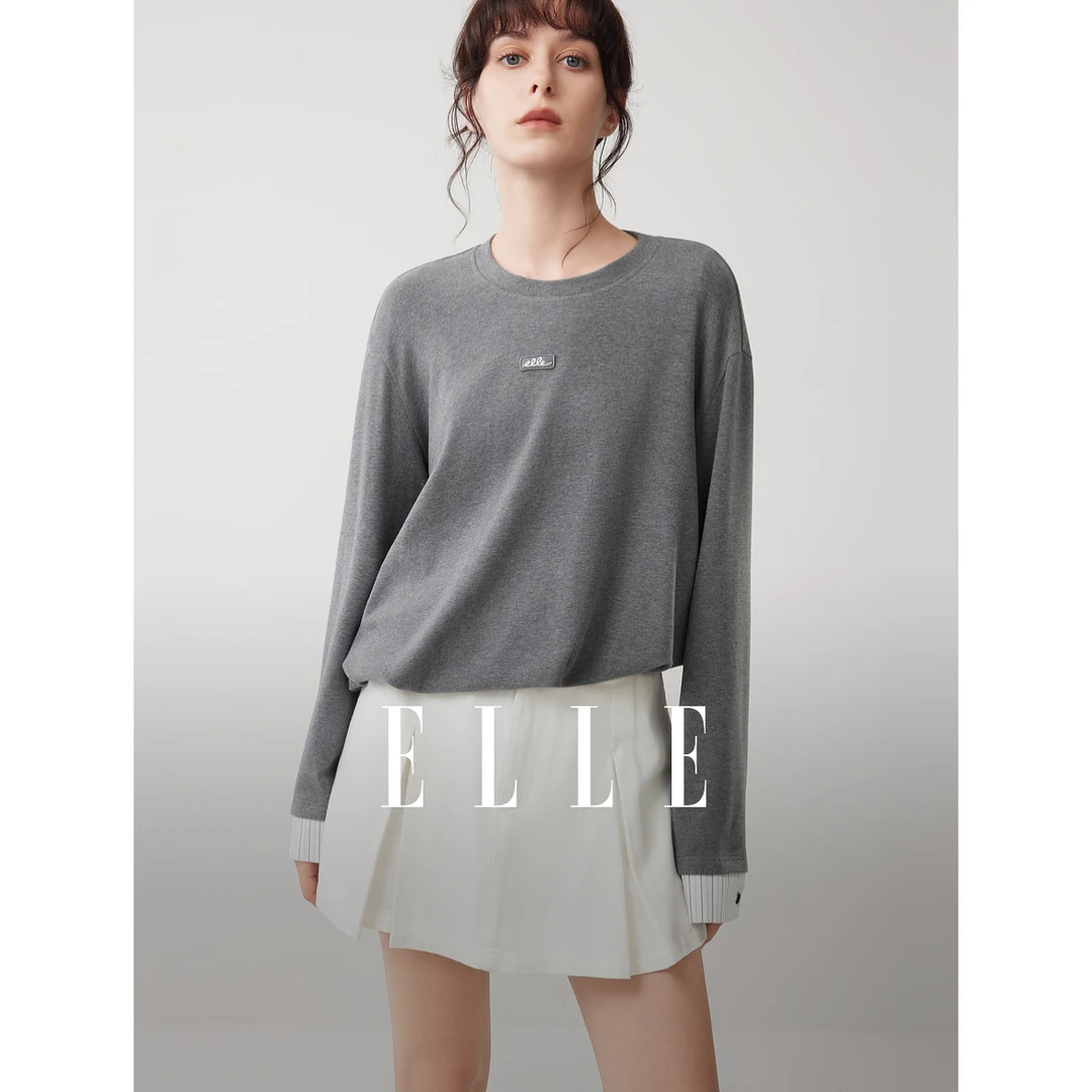 ELLE女装不规则长袖T恤2025冬季新款宽松小众打底衫上衣ET52834