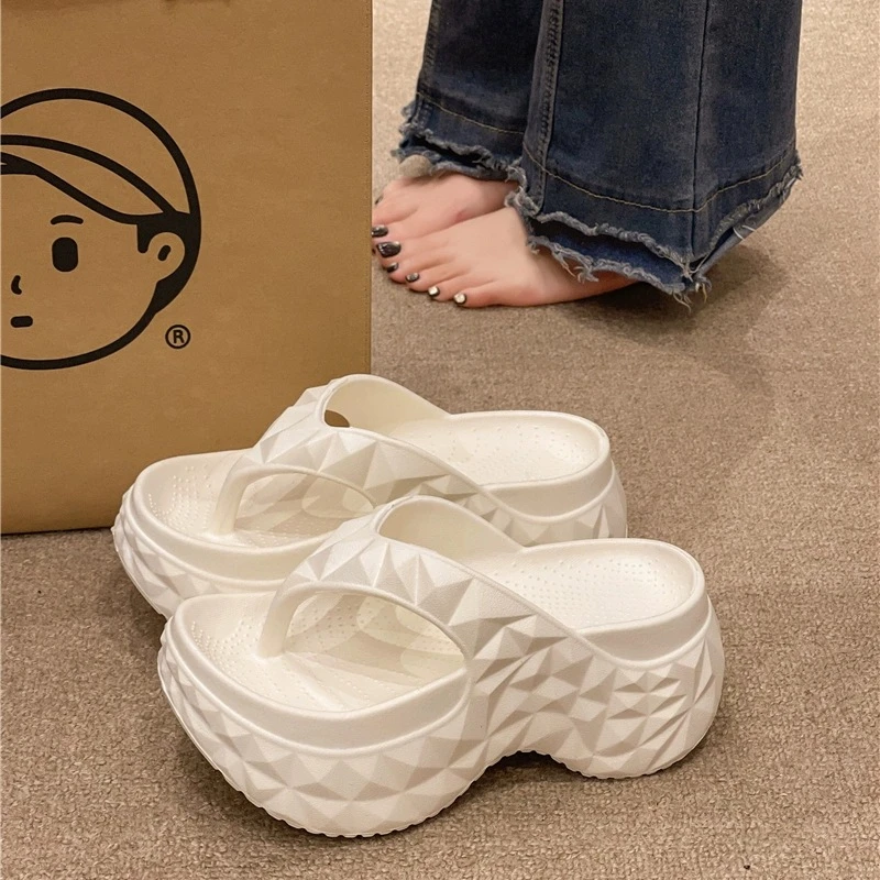 厚底一字拖女2025夏季新款外穿增高榴莲菱形防滑沙滩高跟凉拖鞋女