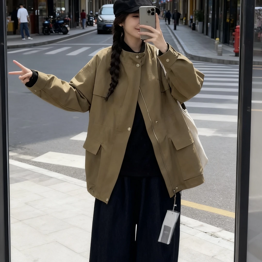 2025韩系简约风衣宽松立领中长款工装风外套百搭时尚休闲春秋ins