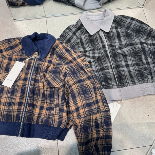 【刘噗噗】百家@原 双面可穿  格纹翻领夹克棉服