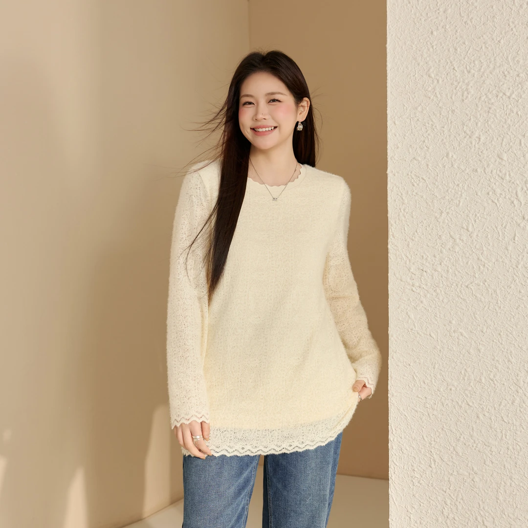 【净色蕾丝】纤莉秀大码女装优雅温柔风设计感下摆抓毛针织衫QK4647