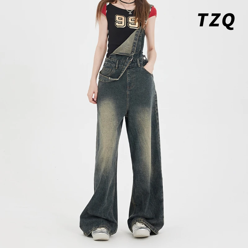 2025夏季新款复古蓝直筒牛仔背带裤女显瘦百搭阔腿长裤TZQ2522822