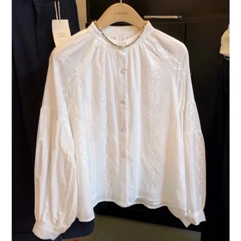 自留爆款推荐~秋意绵绵 法式提花刺绣白色衬衫女秋季收褶气质