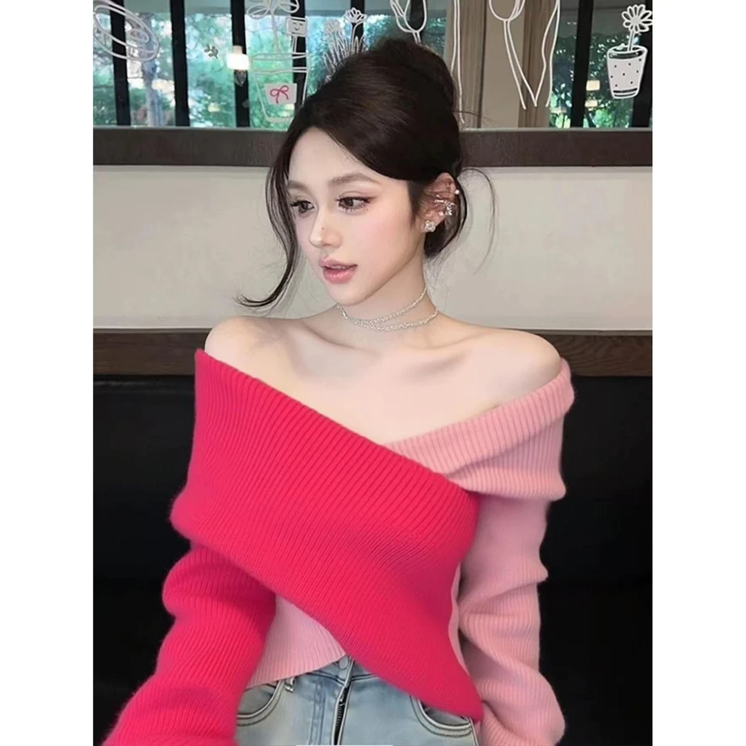 SS5321纯欲性感拼色设计一字肩长袖针织毛衣秋冬修身显瘦短款上衣