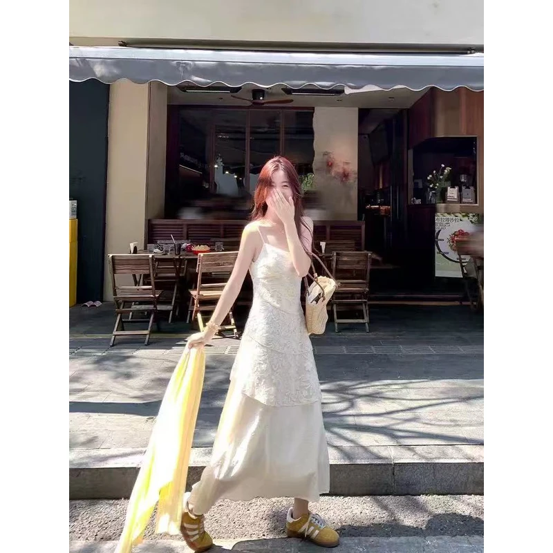 【全额运补】法式温柔风蕾丝v领无袖吊带连衣裙女夏季收腰长裙裙子