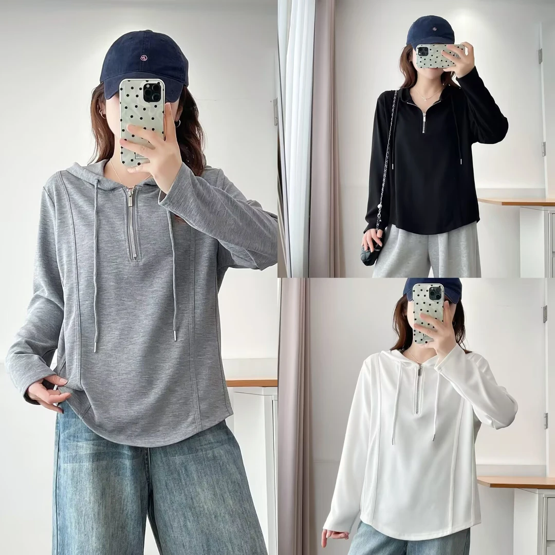 大码连帽长袖卫衣女秋胖mm显瘦设计感半拉链休闲百搭打底衫上衣