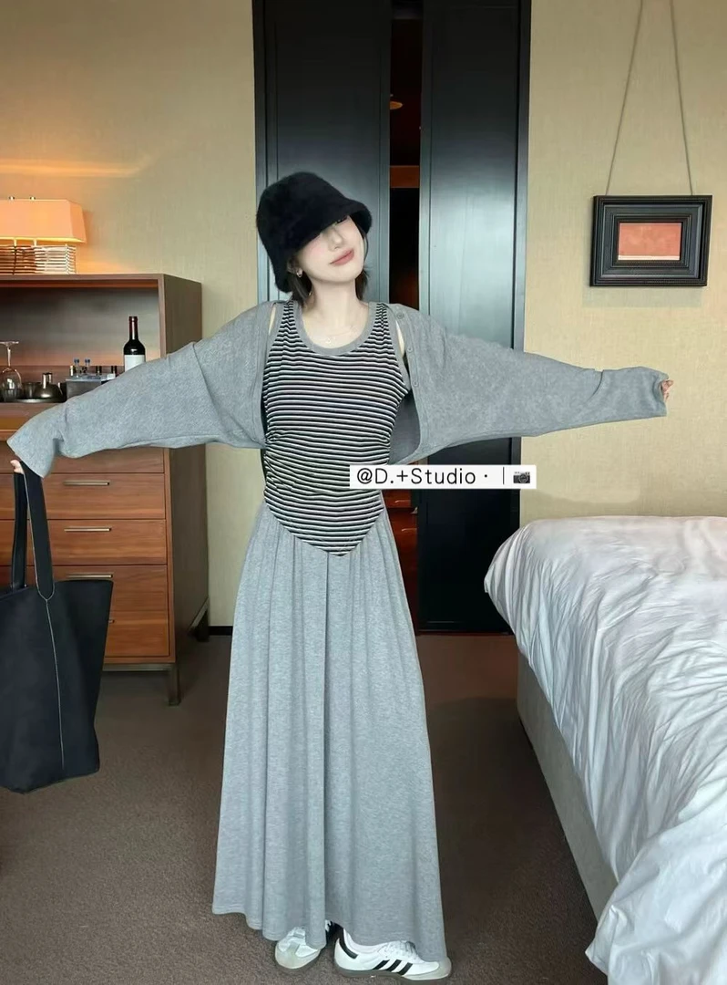 韩版慵懒舒适不规则条纹背心显瘦垂感半身裙针织开衫套装