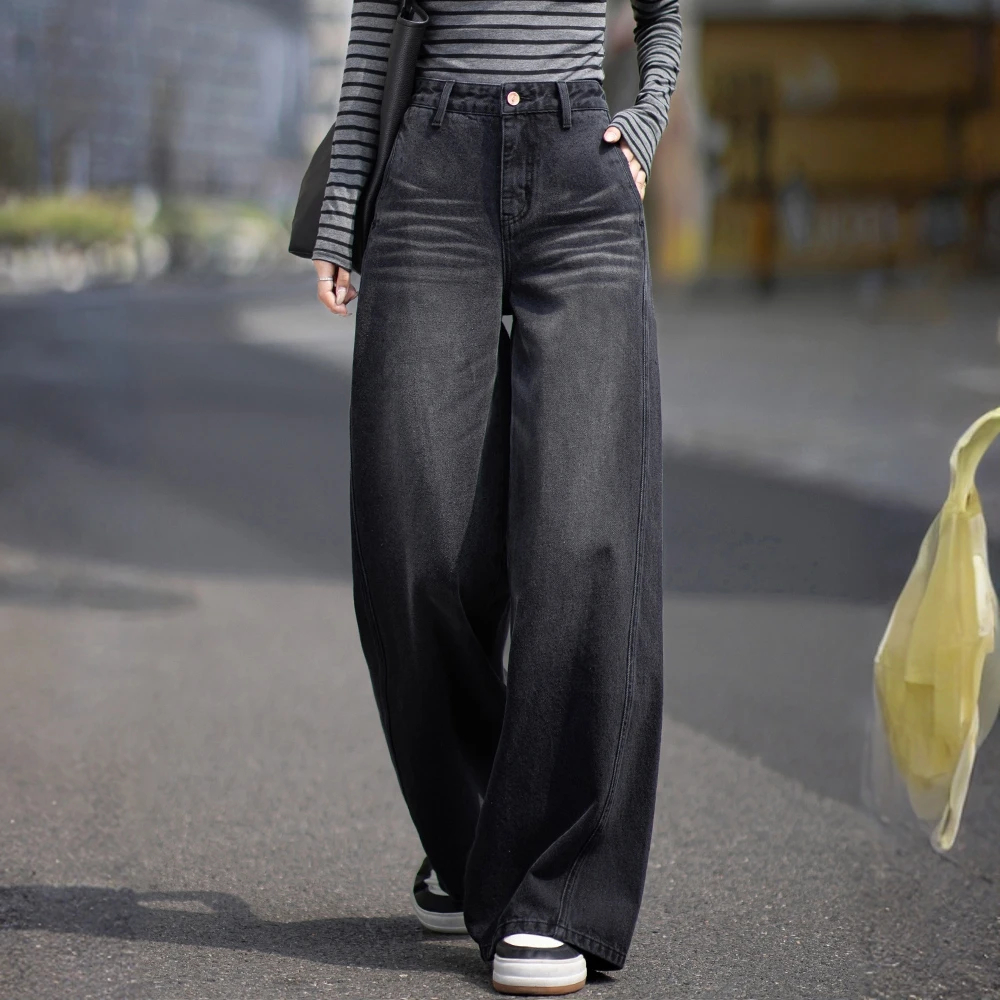 简约通勤磨白直筒牛仔裤秋冬新款高腰宽松休闲显瘦时尚百搭阔腿裤