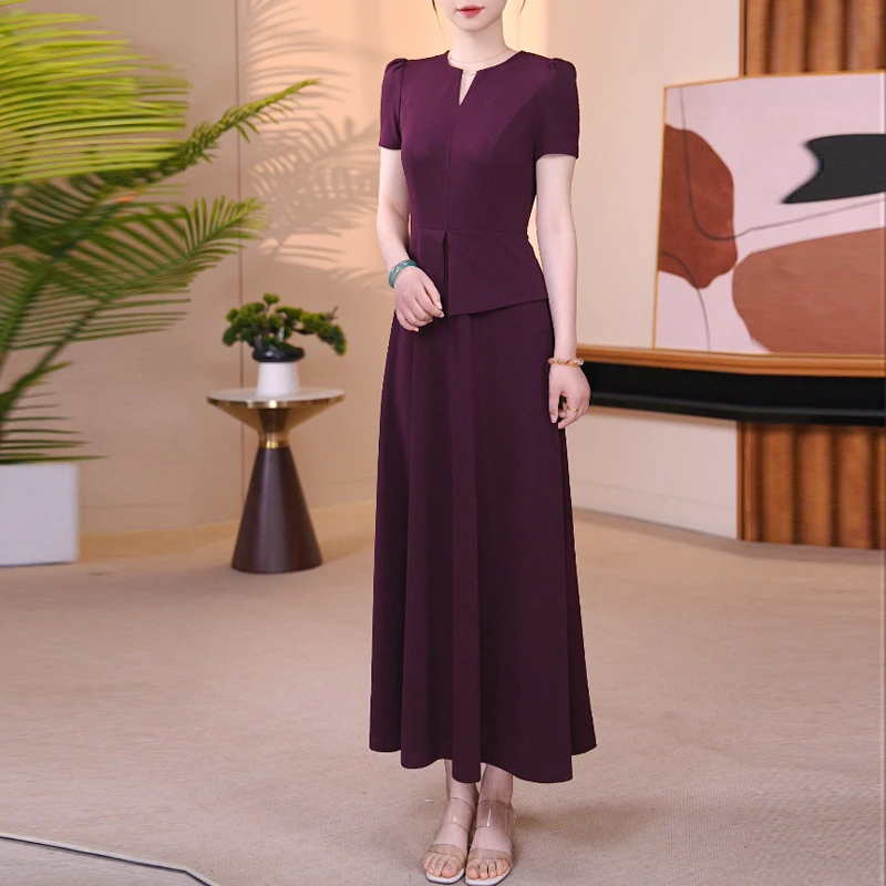 紫红色假两件连衣裙2025夏季新款纯色气质优雅大摆连衣裙收腰2523