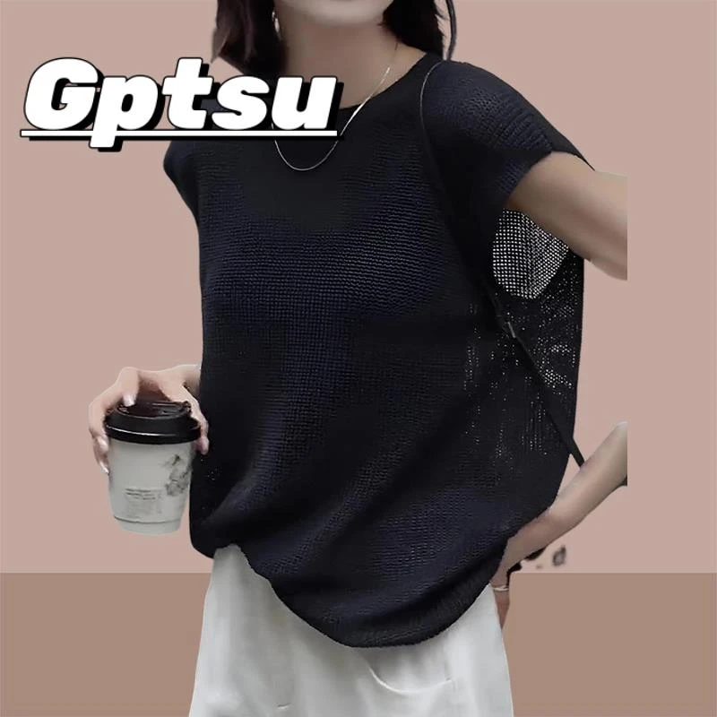 GPTSu2025夏季新款女别致宽松镂空无袖上衣洋气黑色冰丝针织罩衫