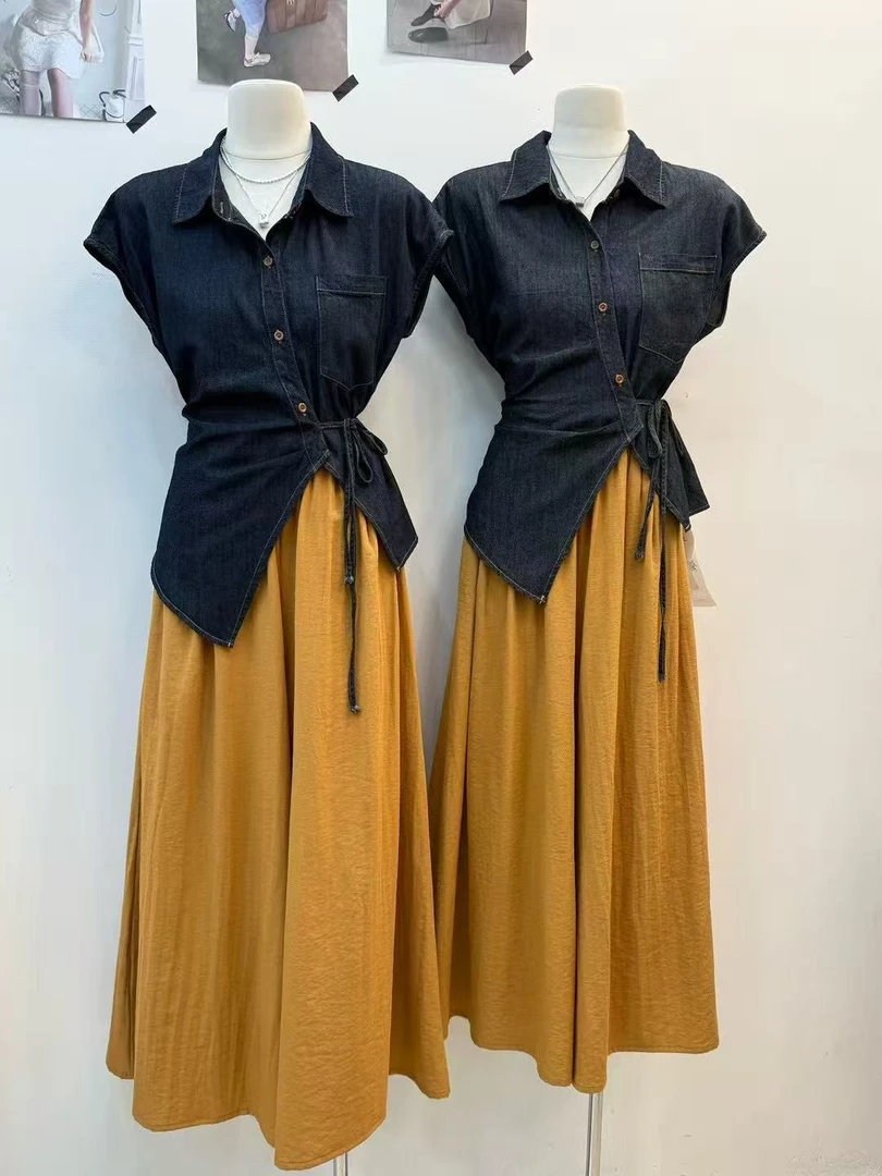 【傲傲精选】时尚牛仔上衣+橘色九分阔腿裤两件套