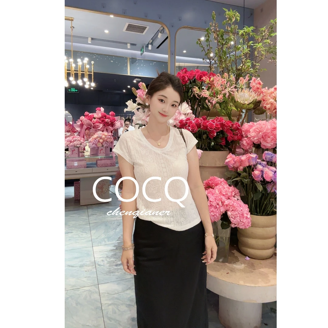 【COCQ】重工蝴蝶刺绣提花U型领坎肩短袖上衣简约大气百搭