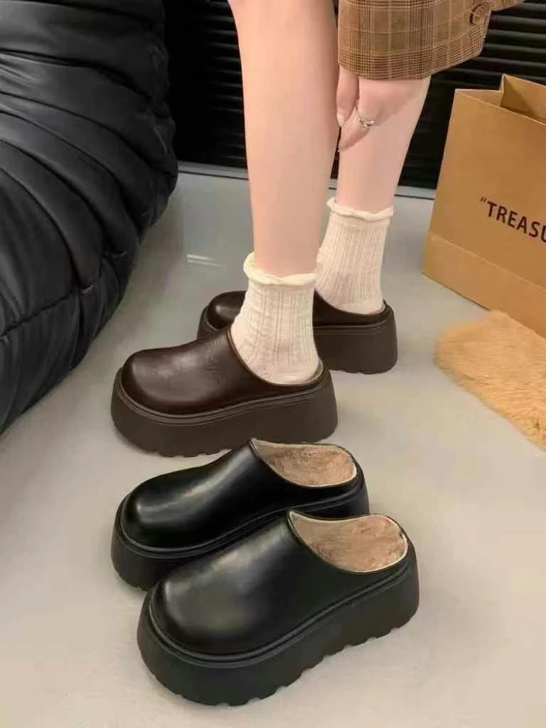 厚底增高外穿保暖勃肯鞋加绒复古包头半拖23-188