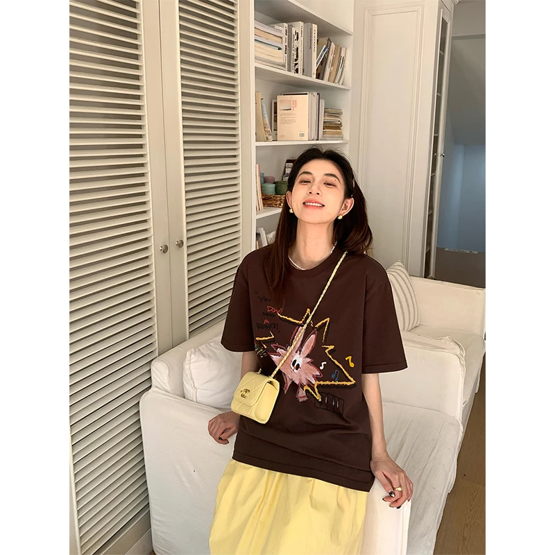 INGCON零点叮叮当 2025年新品元气卡通印花涂鸦短袖棕色t恤女夏棉