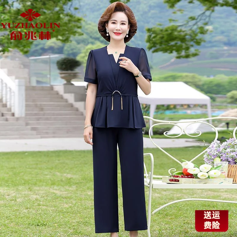 俞兆林妈妈夏装洋气雪纺小衫套装女新款中年时尚气质短袖上衣年轻