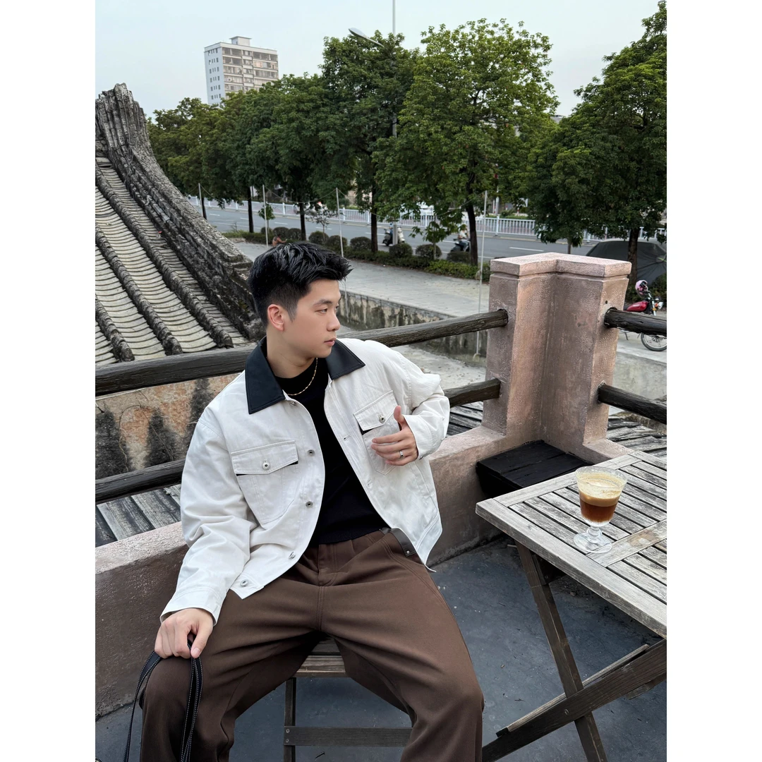 秋冬痞帅谷仓夹克 夹棉经典混纺拼接皮领宽松休闲外套厚款潮流