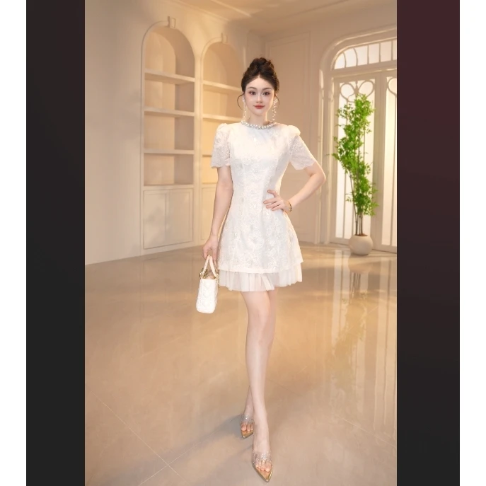 【显瘦定制】扎花夏季爵士气质名媛泡泡袖连衣裙法式气质21735