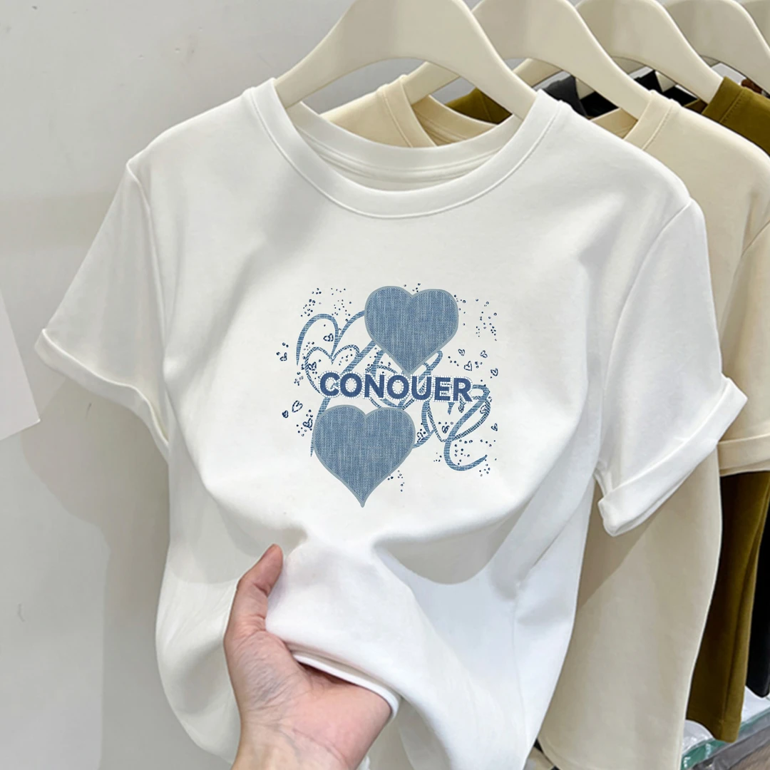 2025新款圆领牛仔爱心印花纯棉短袖女洋气修身显瘦百搭上衣