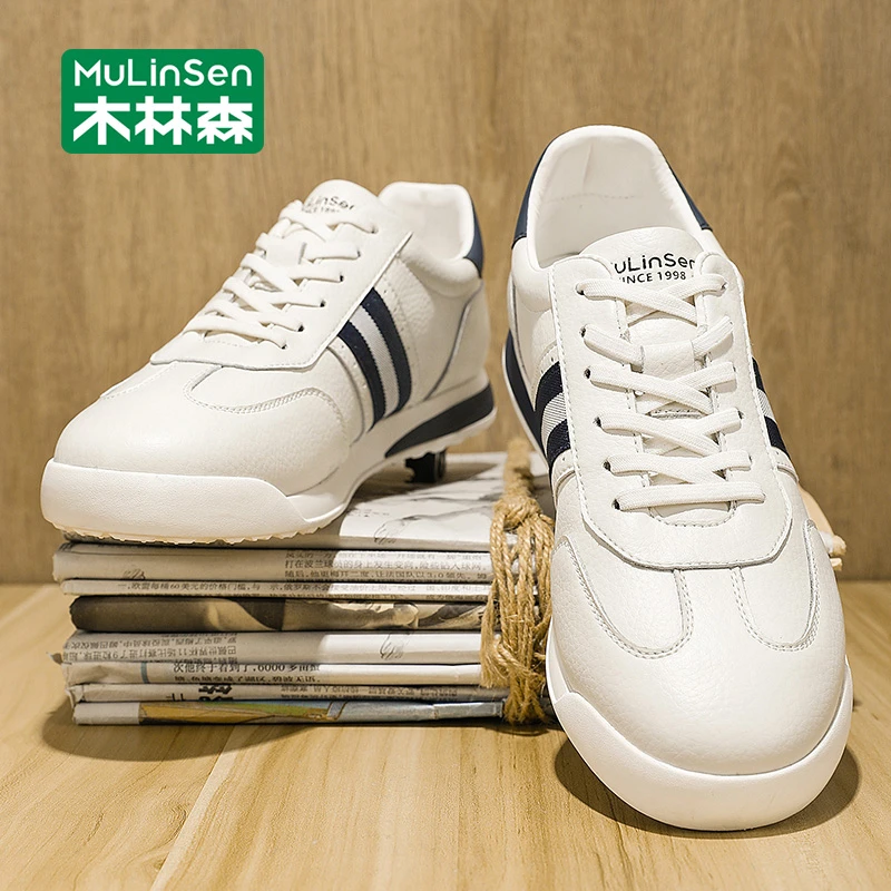 木林森板鞋男2025年新款秋季皮面男鞋百搭休闲增高厚底男士小白鞋
