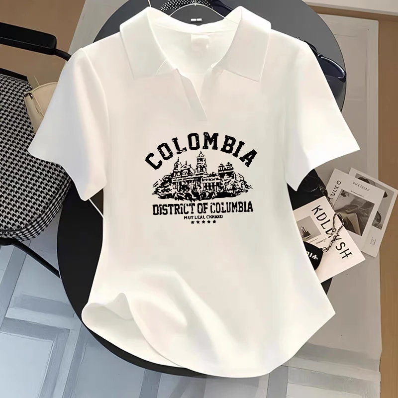 大码胖mm韩版圆弧下摆翻领短袖T恤女夏季纯欲风辣妹修身显瘦上衣