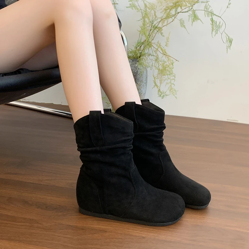 【诺一家加宽加肥大码女鞋】马丁靴女内增高复古短靴粗腿大筒围短靴