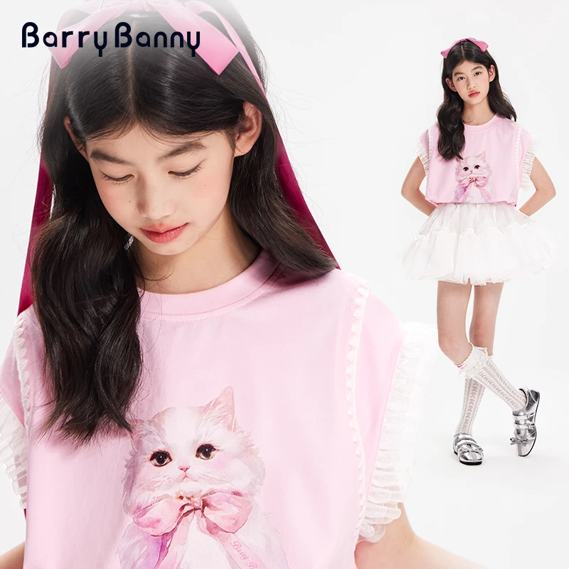 BarryBanny女童粉色小猫T恤蕾丝短袖2025夏季新款儿童粉色上衣T恤