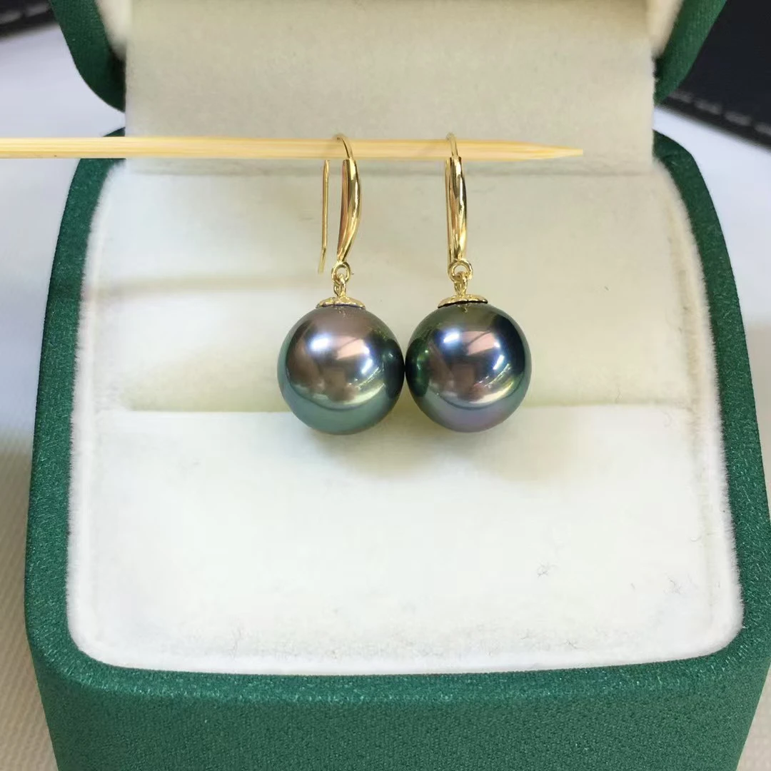 海水大溪地珍珠孔雀绿炫彩光感耳钩10-11mm镶嵌18K金表皮干净细腻