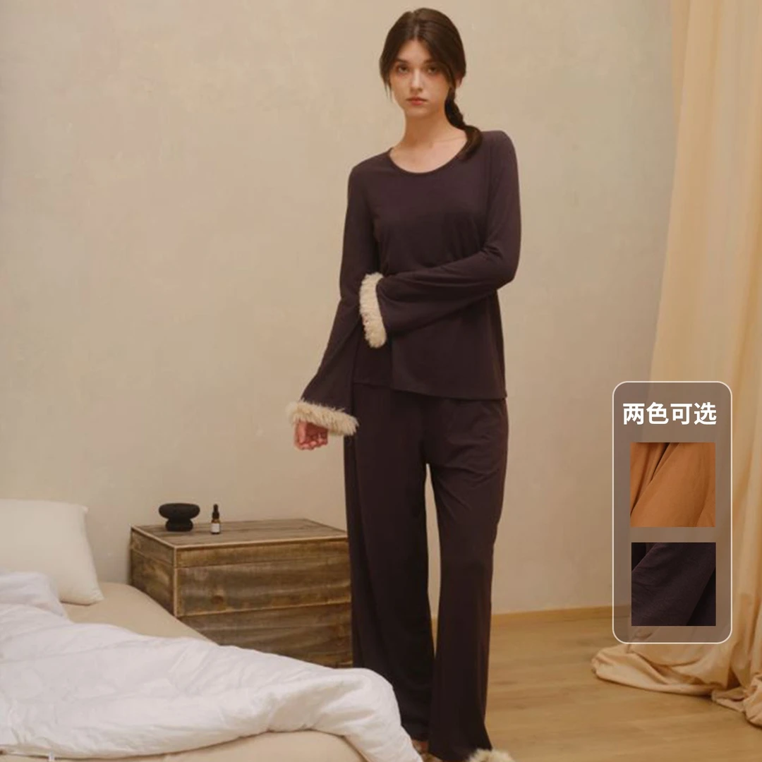 朵朵可可睡衣女秋冬季纯色睡眠宽松德绒针织打底长袖家居服095