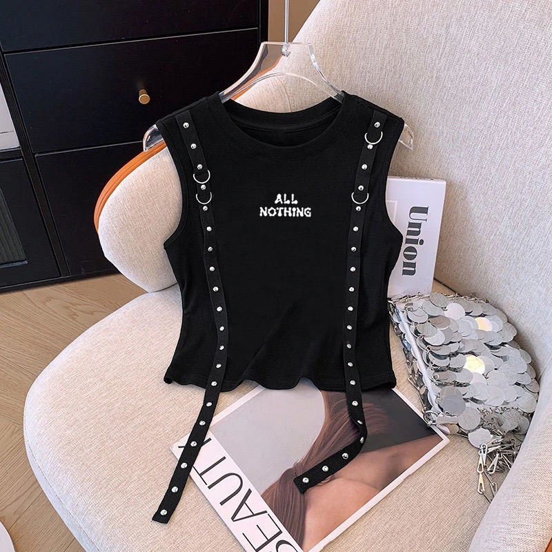 爆款辣妹吊带背心百搭夏季外穿修身字母印花无袖时尚黑色潮流ins