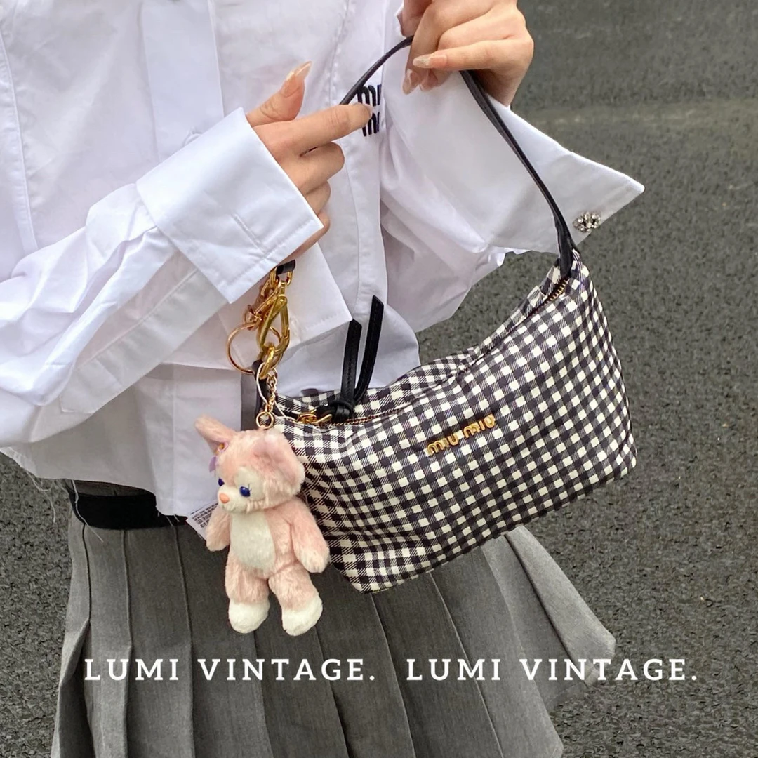 95新 MIU MIU/缪缪 黑白格纹饭盒单肩包78455874