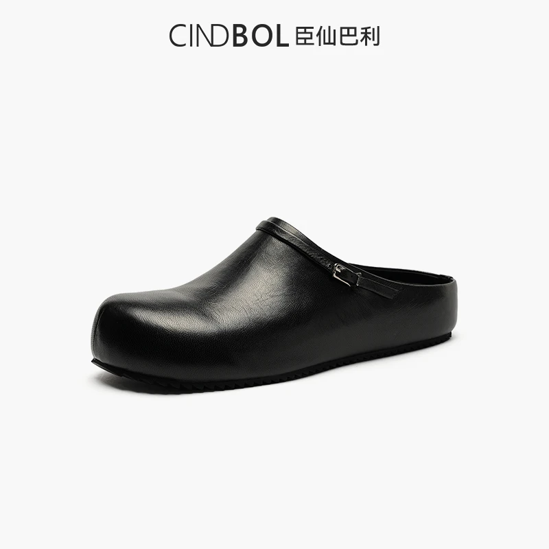 CINDBOL/臣仙巴利平跟植鞣中跟包头拖英伦夏季黑色皮拖2115