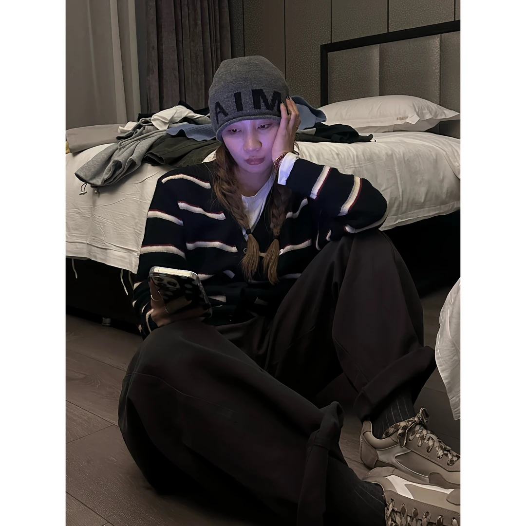 ONNI撞色条纹毛衣开衫外套女韩系慵懒风复古软糯针织衫上衣#258