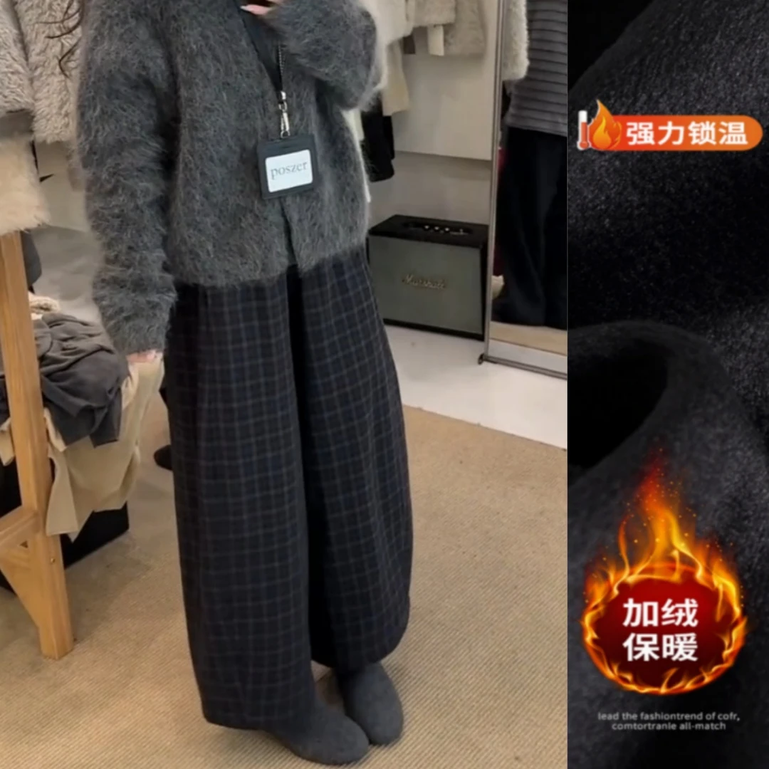 景倩妮韩系格纹时尚休闲裤2025年冬季新款加绒高腰显瘦九分弯刀裤