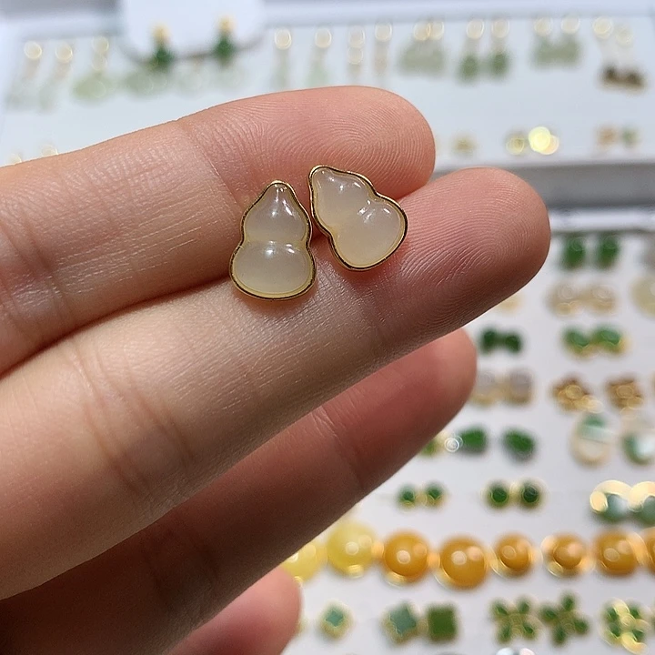 银S925镀金镶嵌和田玉（白玉）耳饰