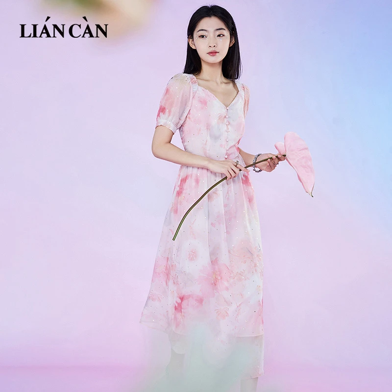 莲灿2024春夏新商场同款原创设计V领雪纺短袖连衣裙71EO224017