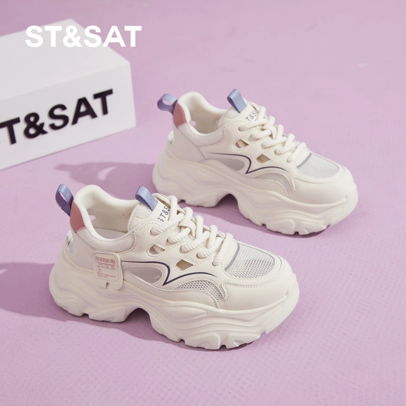 星期六厚底老爹鞋女2025夏季新款小白鞋网面透气镂空夏季运动凉鞋