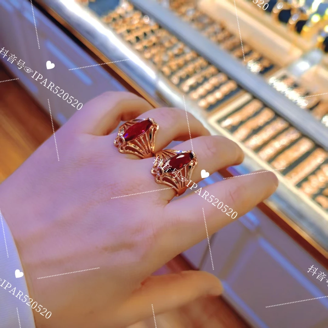 铜合金锆石戒指 红锆石植物花卉紫金色一对戒指时尚小众精致轻奢