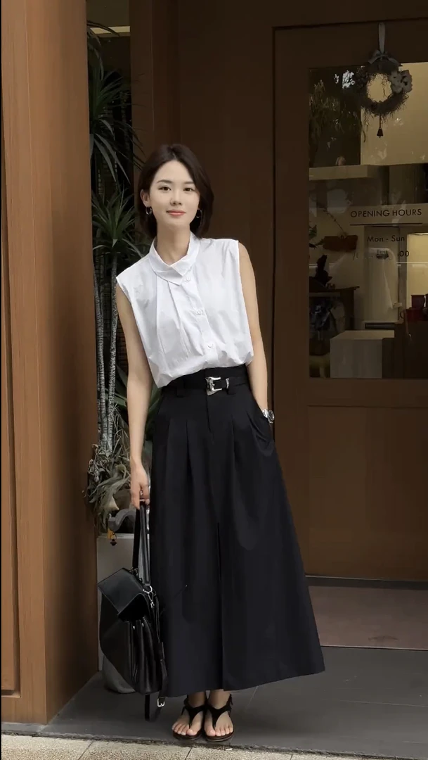 夏季新款洋气衣服女法式立领无袖白衬衫高级感外穿背心设计感长裙